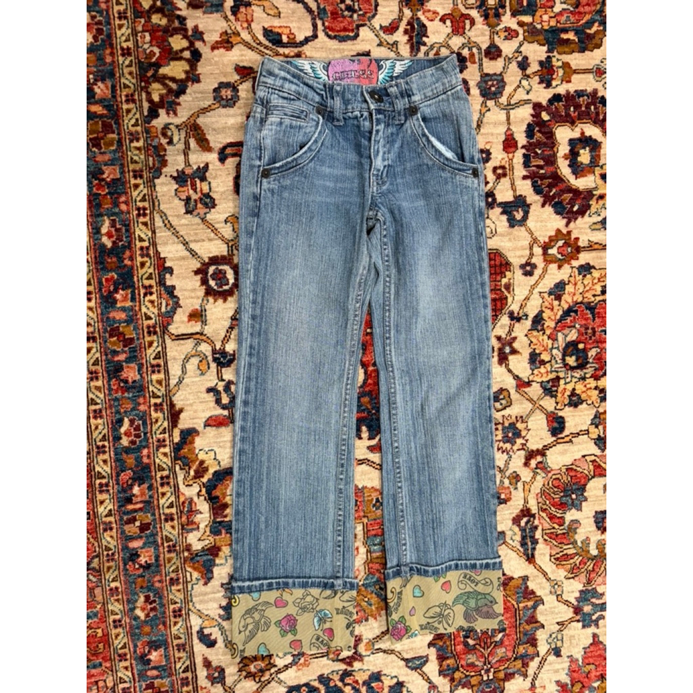 Guess Girls Y2K Flare Jeans 7 Cuffed Tattoo Print Hem Low Rise